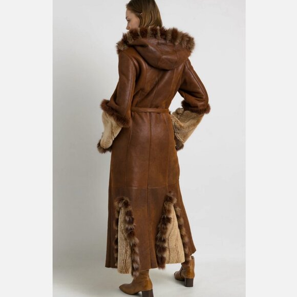 Genuine Suede Sheepskin Shearling Fur Coat Long Hood Vintage Penny Lane Princess - Picture 2 of 9